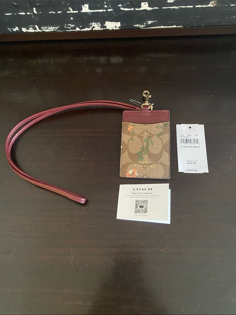 Coach Floral Signature Lanyard Cardholder in Brown and Burgundy